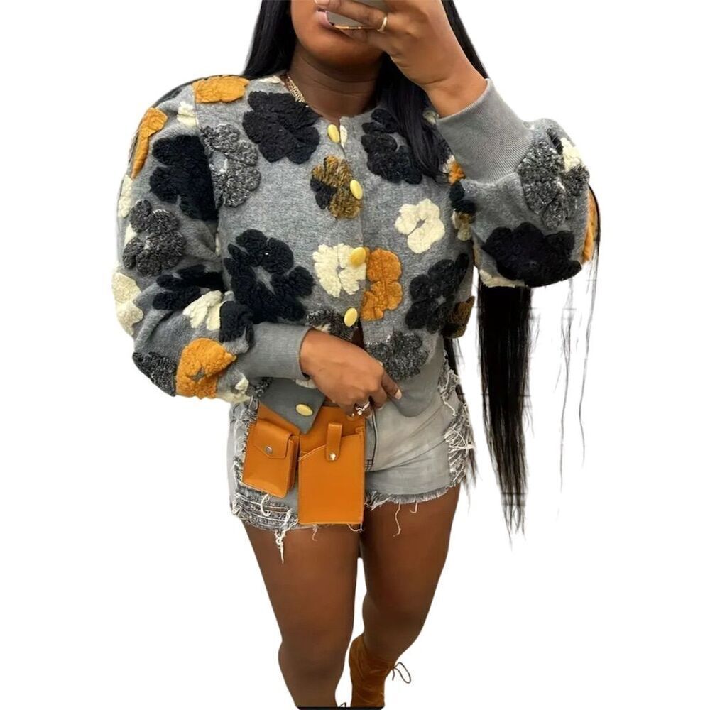 Trendy Floral Print Cropped Bomber Jacket Gray XL Fall Party Textured - Picture 4 of 15